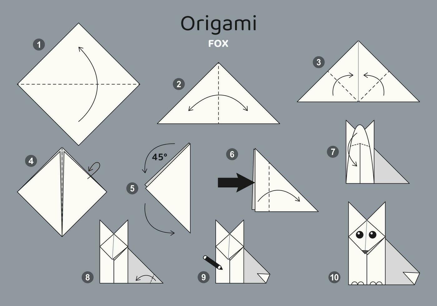 Fox origami scheme tutorial moving model on grey backdrop. Origami for kids. Step by step how to make a cute origami fox. Vector illustration.