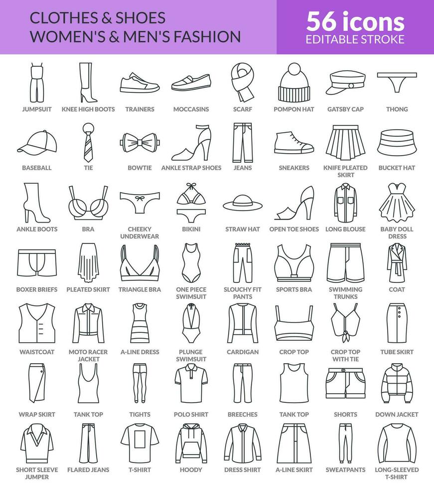 Clothing, shoes and accessories line icons. Fashion clothing for men and women. Linear icon set with editable stroke. isolated 56 Vector icons.