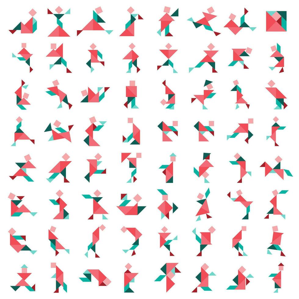 Tangram puzzle. Set of isolated tangram people in different poses. Big vector set. Vector illustration