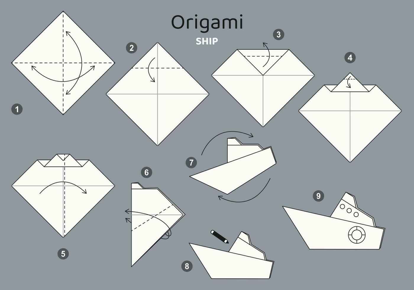 Embarcacion origami esquema tutorial Moviente modelo en gris fondo. origami para niños. paso por paso cómo a hacer un linda origami agua transporte. vector ilustración.