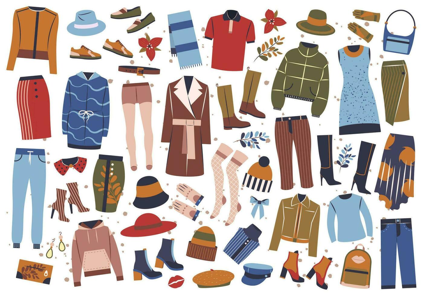 Hand drawn clothing, shoes and accessories big set. Female autumn apparel, bags, shoes, coats, sweaters, hats in casual style. Flat graphic vector illustrations isolated on white background