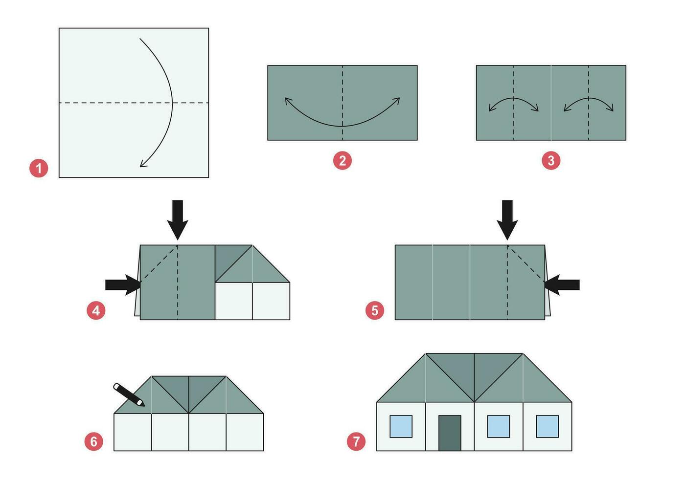 Small House origami scheme tutorial moving model. Origami for kids. Step by step how to make a cute origami house. Vector illustration.