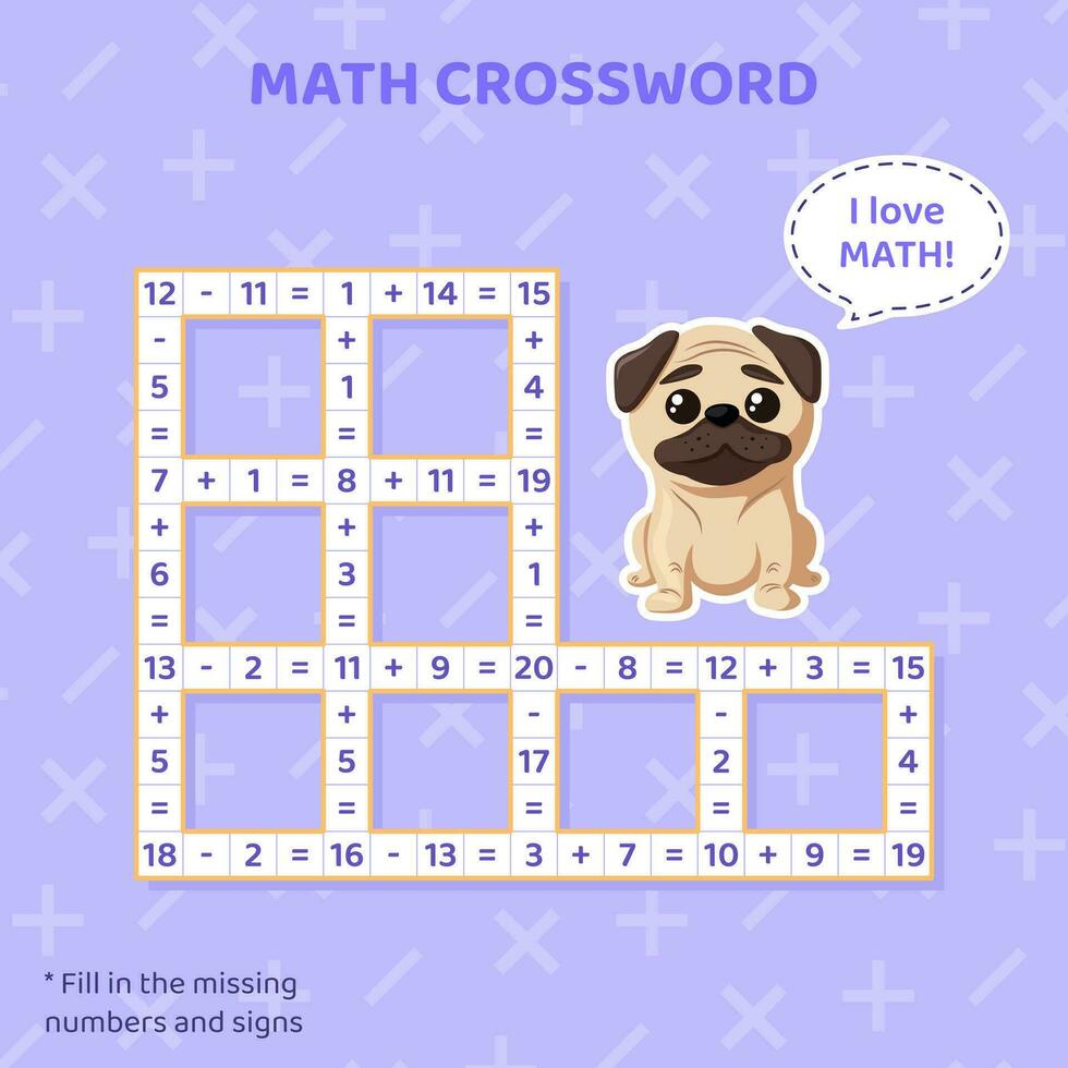 Math Crossword puzzle for kids. Addition and subtraction. Counting up to 20. Game for children. Vector illustration. Colorful crossword with cartoon dog. Task, education material for kids.