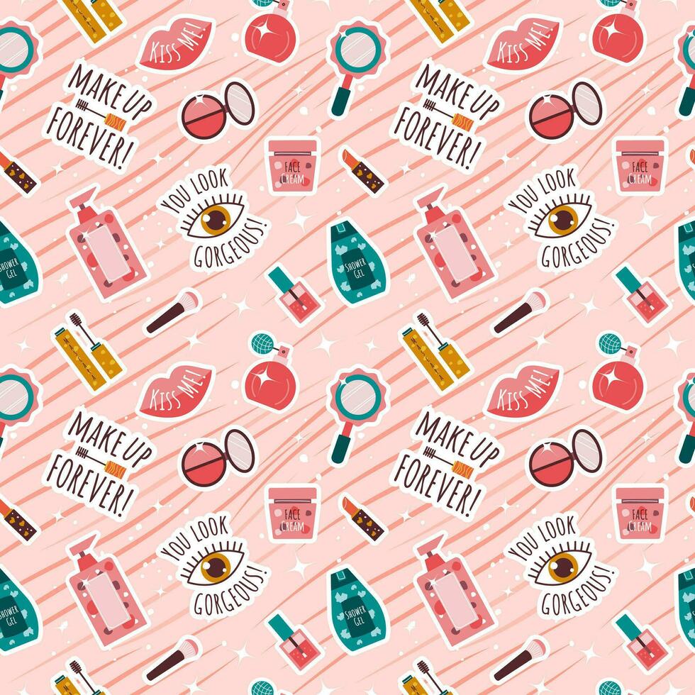 Seamless pattern with beauty products ,makeup, slogans. Colorful fashionable pattern for textile. Vector illustration. Hand drawn beauty background.