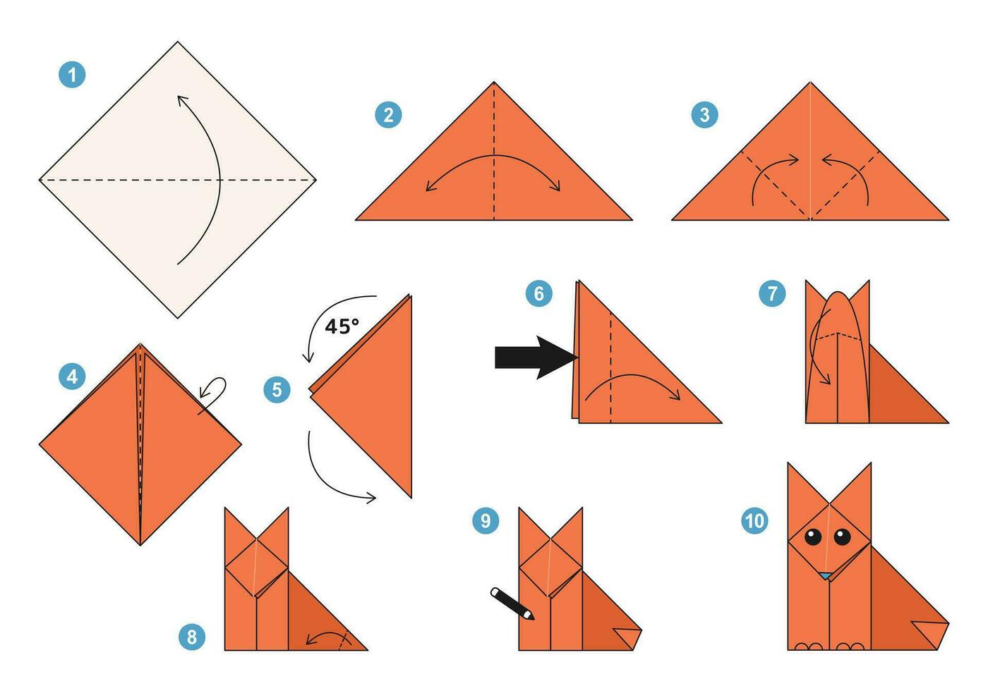 Fox origami scheme tutorial moving model. Origami for kids. Step by step how to make a cute origami fox. Vector illustration.