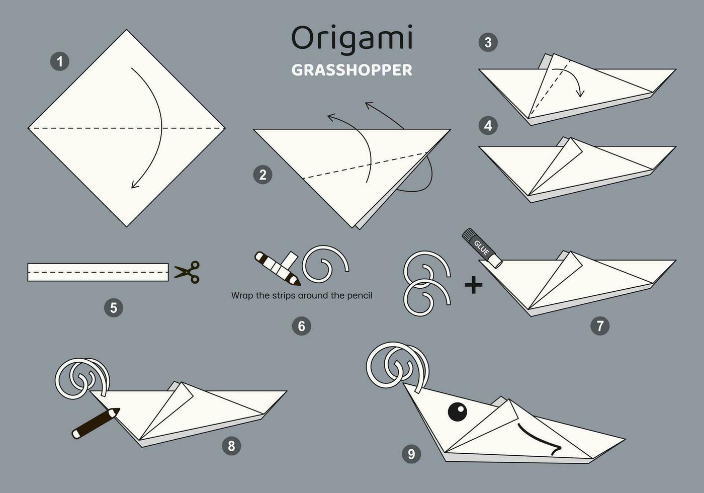 Grasshopper origami scheme tutorial moving model on grey backdrop. Origami for kids. Step by step how to make a cute origami grasshopper. Vector illustration.