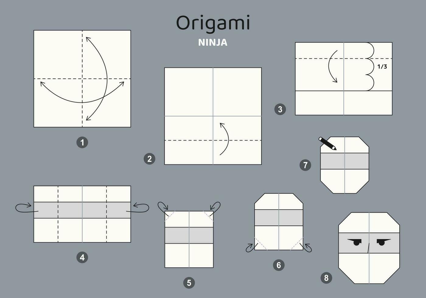 Ninja origami scheme tutorial moving model on grey backdrop. Origami for kids. Step by step how to make a cute origami ninja. Vector illustration.