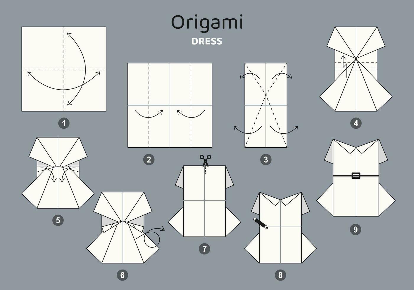 Dress origami scheme tutorial moving model on grey backdrop. Origami for kids. Step by step how to make a cute origami cloth for women. Vector illustration.