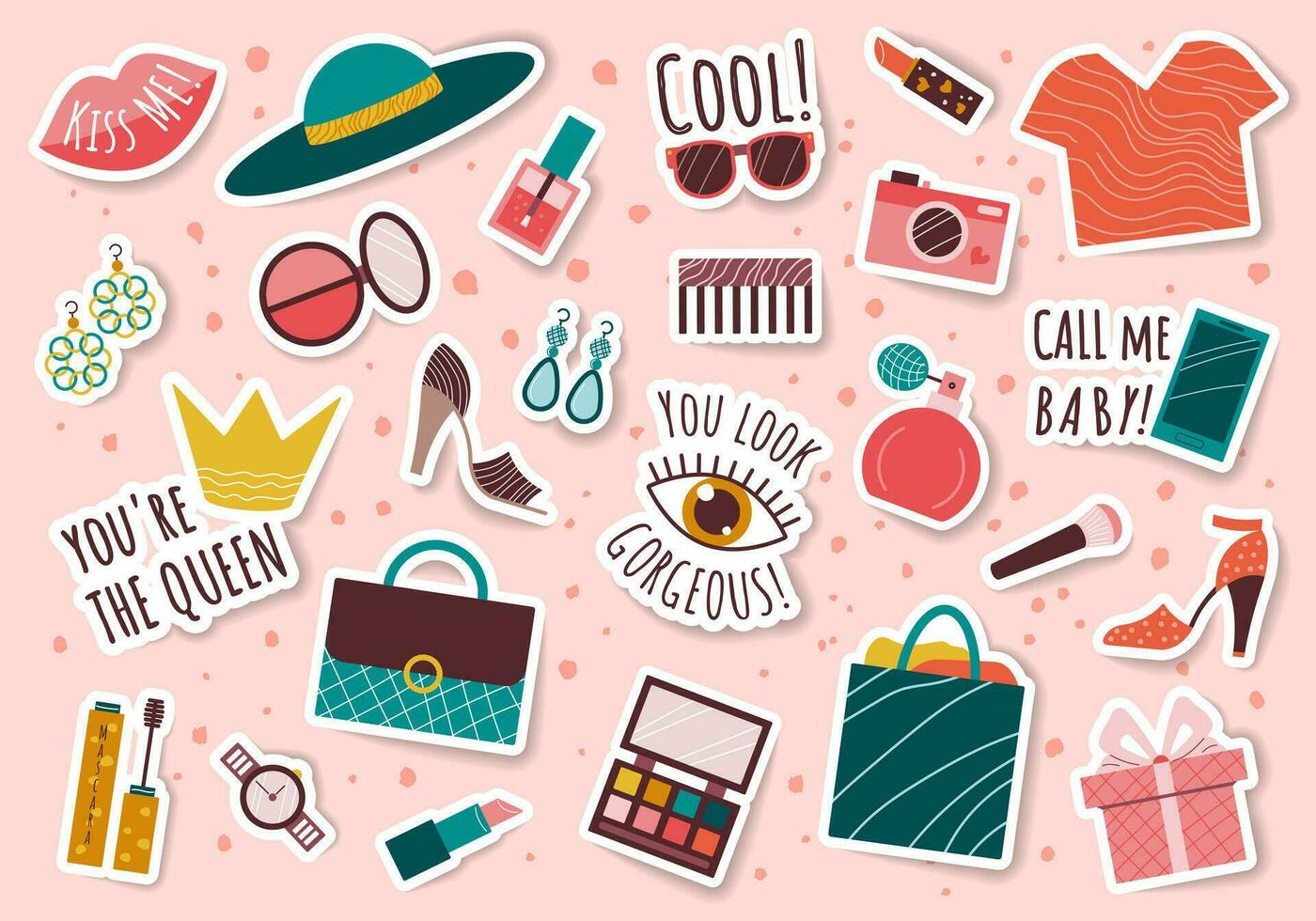 Beauty stickers for women. Set with clothing, shoes, accessories, makeup, slogans. Cartoon trendy appliques and female symbols collection. Hand drawn vector bundle isolated on colorful background.