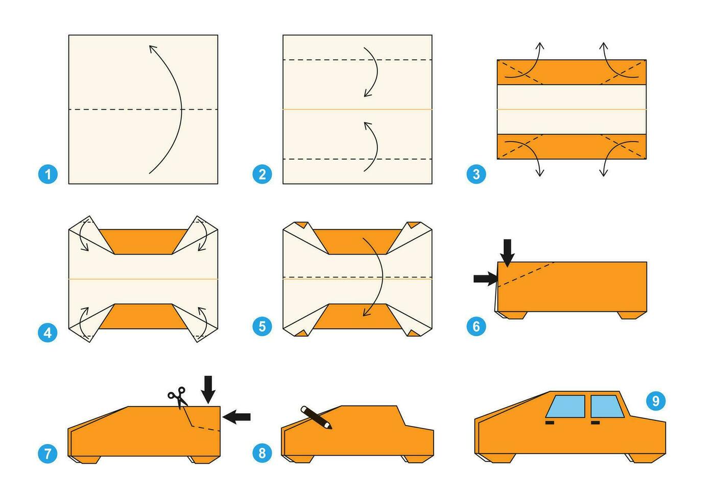 coche origami esquema tutorial Moviente modelo. origami para niños. paso por paso cómo a hacer un linda origami automóvil. vector ilustración.