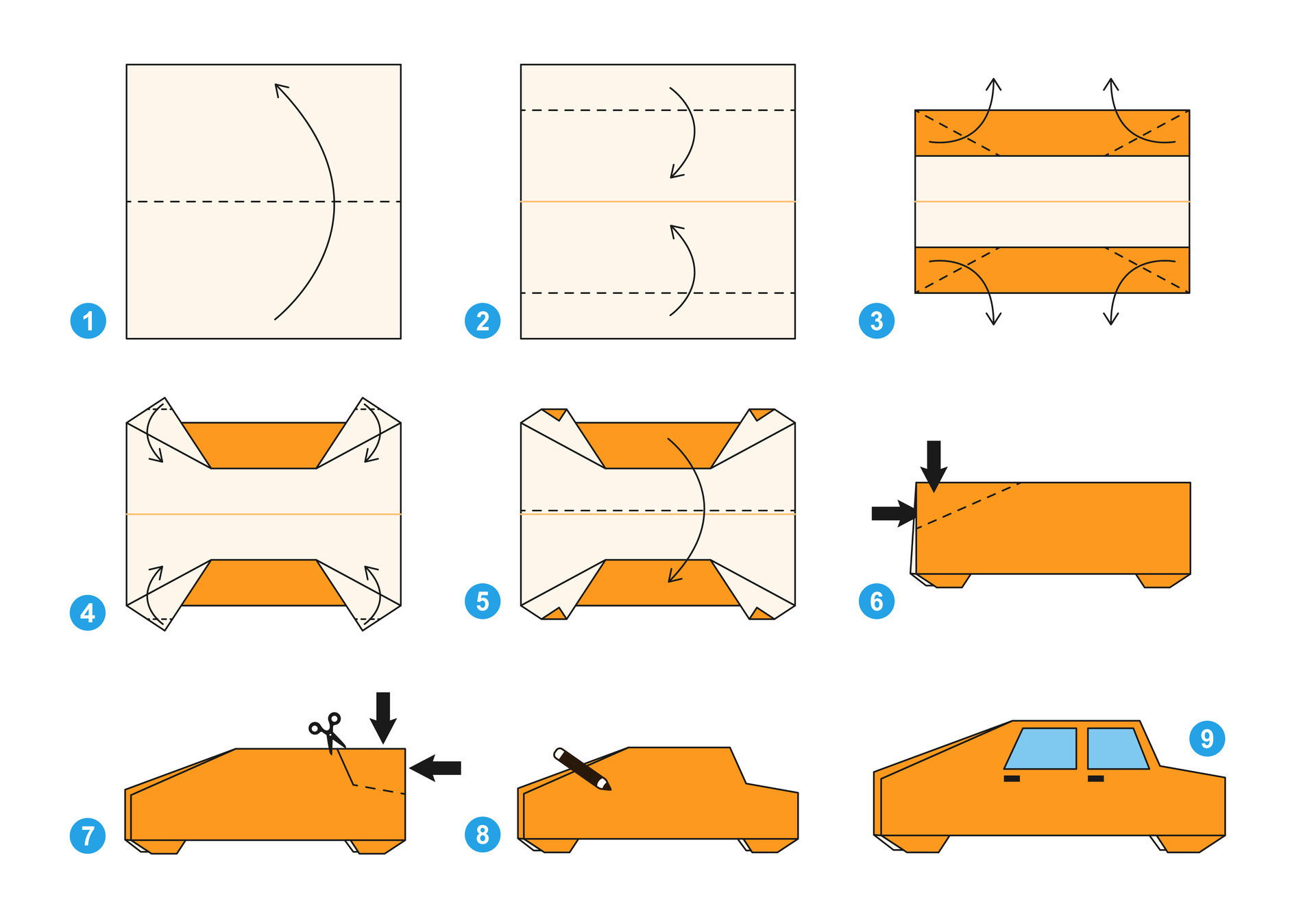 Car origami scheme tutorial moving model. Origami for kids. Step
