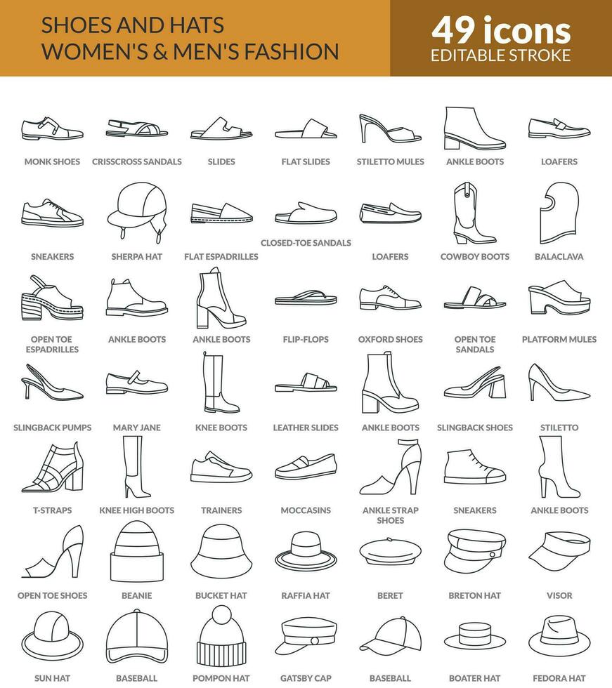 Big set of various shoes and hats line icons. Fashion shoes, hats, beanie, bucket, boots, trainers, mules, slides for men and women. Linear icon set with editable stroke. isolated 49 Vector icons.