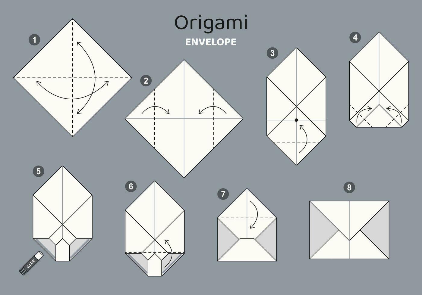 Envelope origami scheme tutorial moving model on grey backdrop. Origami for kids. Step by step how to make a cute origami envelope. Vector illustration.