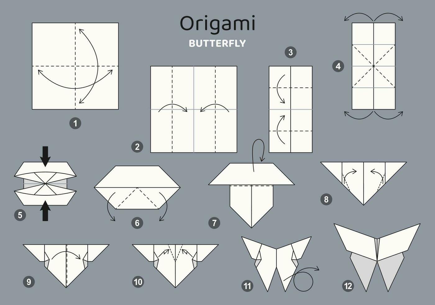 Butterfly origami scheme tutorial moving model on grey backdrop. Origami for kids. Step by step how to make a cute origami insect. Vector illustration.