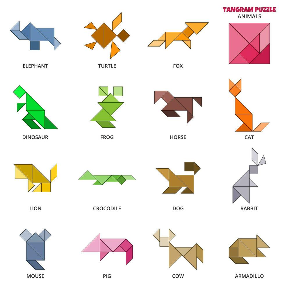 Tangram puzzle game for kids. Vector colorful collection with various isolated pets and wild animals. isolated Tangram animals icons on white backdrop. Vector illustration