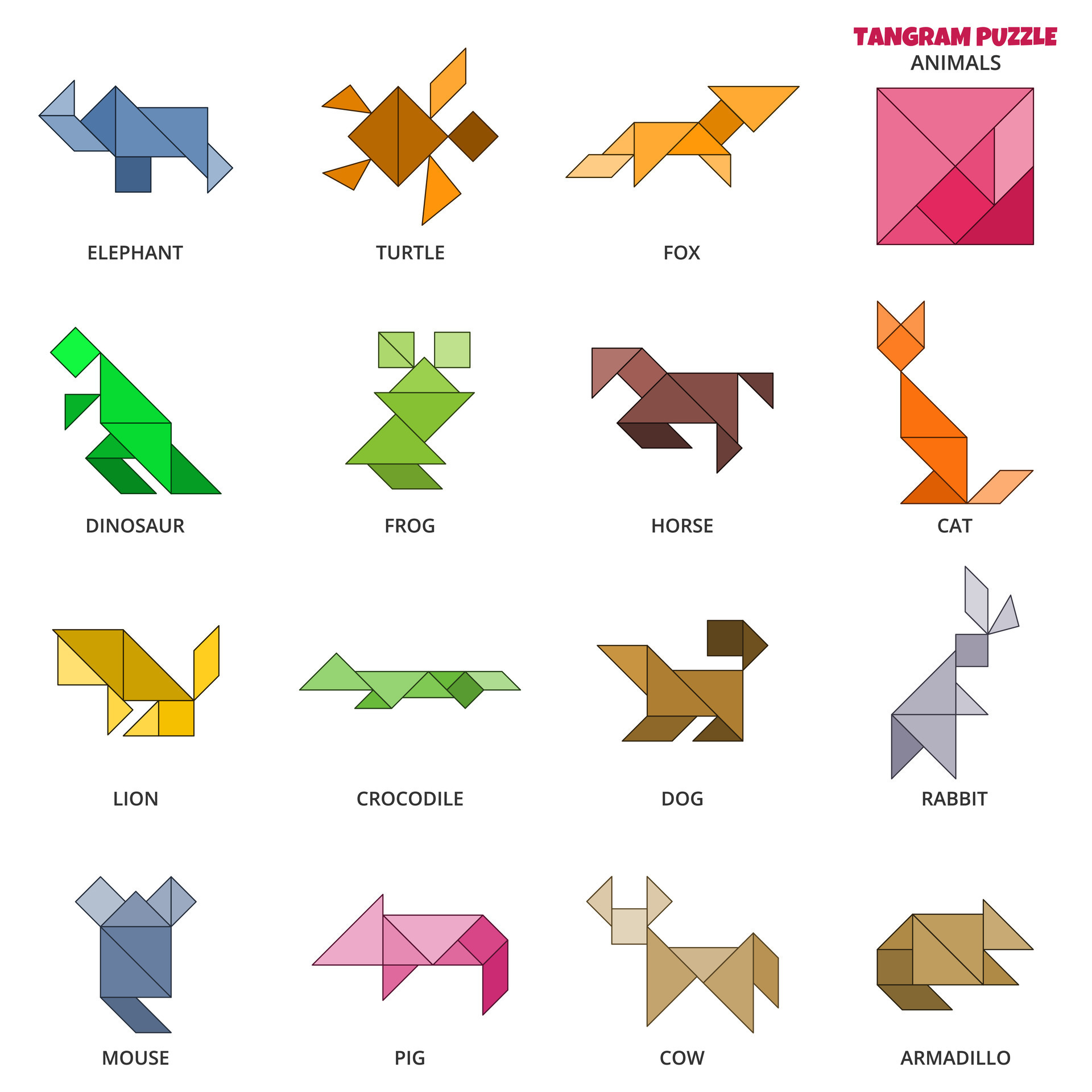 Tangram puzzle game for kids Vector colorful collection with various