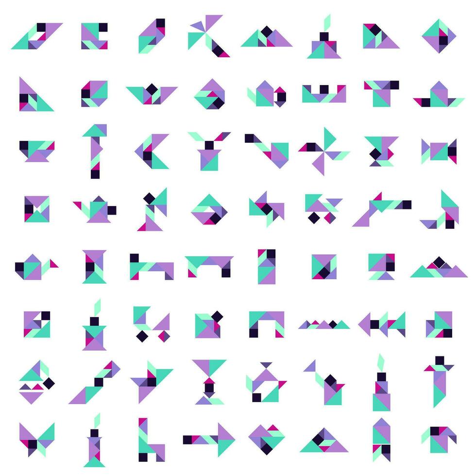 Tangram puzzle. Set of isometric tangram different objects. Vector