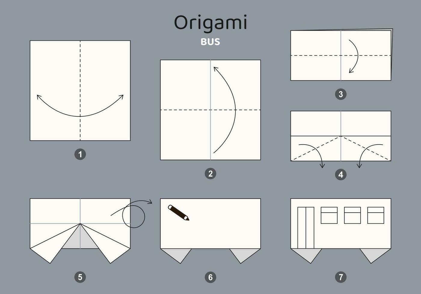 Bus origami scheme tutorial moving model on grey background. Origami for kids. Step by step how to make a cute origami car. Vector illustration.