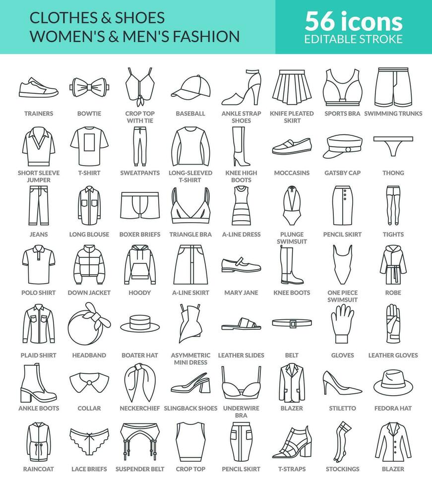 Clothing, shoes and accessories line icons. Fashion clothing for men and women. Linear icon set with editable stroke. isolated 56 Vector icons.