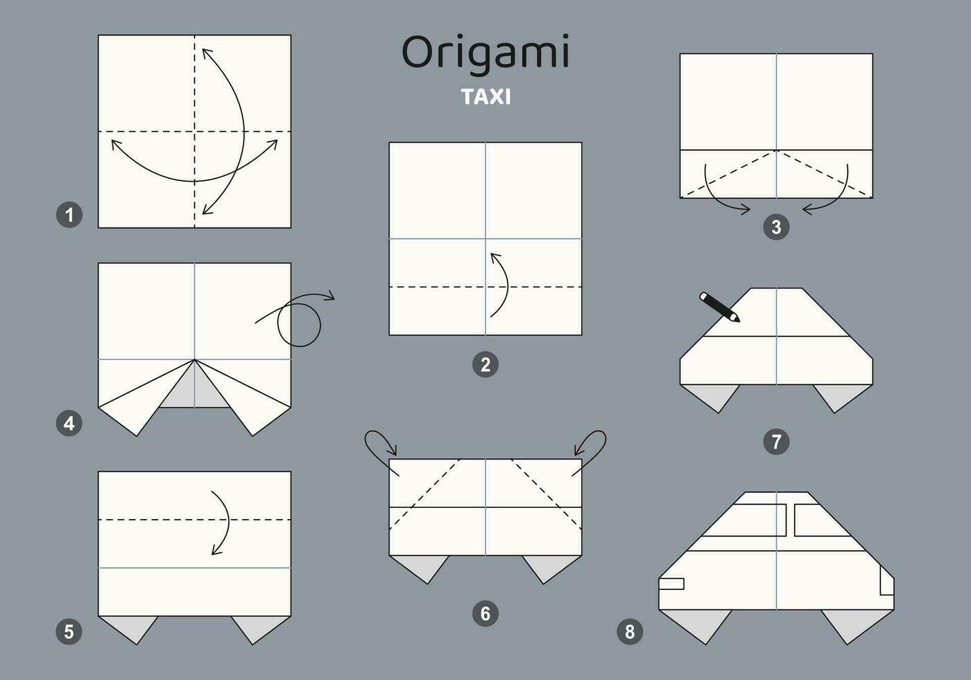 Tutorial origami scheme with taxi. isolated origami elements on grey backdrop. Origami for kids. Step by step how to make origami car. Vector illustration.