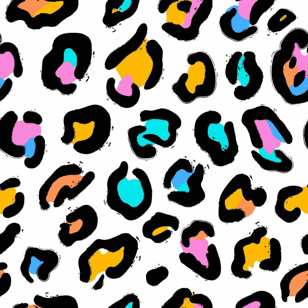 Abstract Hand Drawn Leopard skin print. Seamless pattern. Leopard animal skin background. Textured abstract and wild print design for textile. Neon colors. Vector illustration