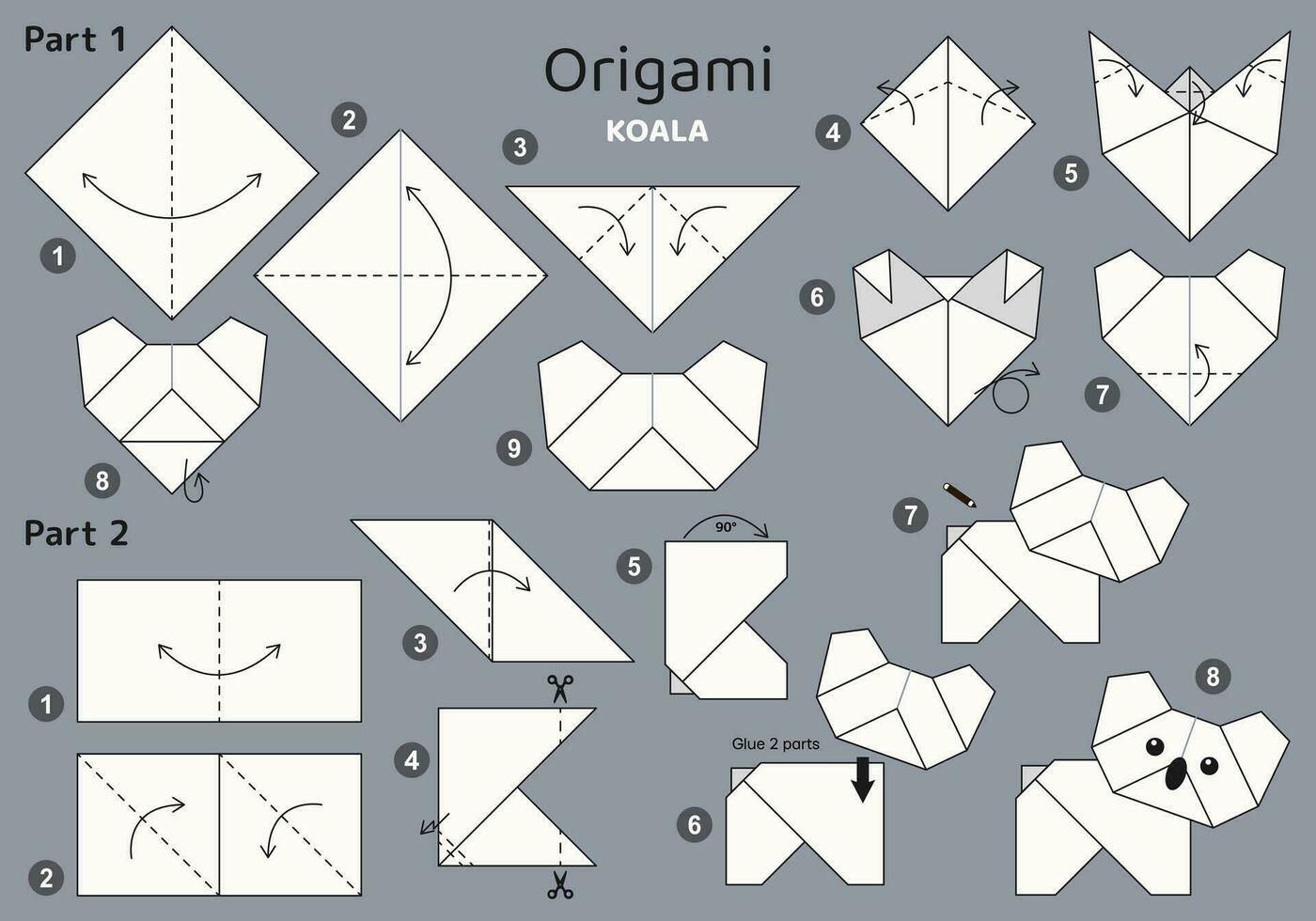 Koala origami scheme tutorial moving model on grey backdrop. Origami for kids. Step by step how to make a cute origami koala. Vector illustration.