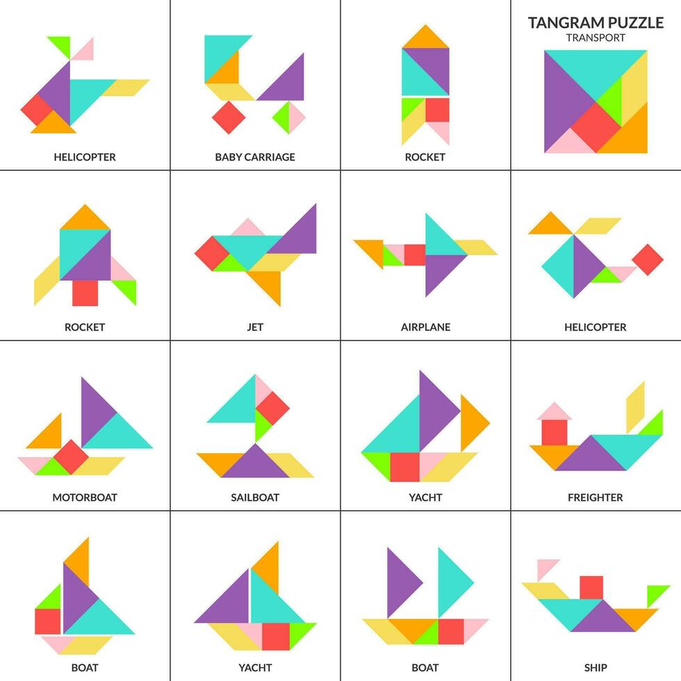 Tangram puzzle game for kids. Vector colorful collection with various transport. isolated Tangram transport icons on white backdrop. Vector illustration