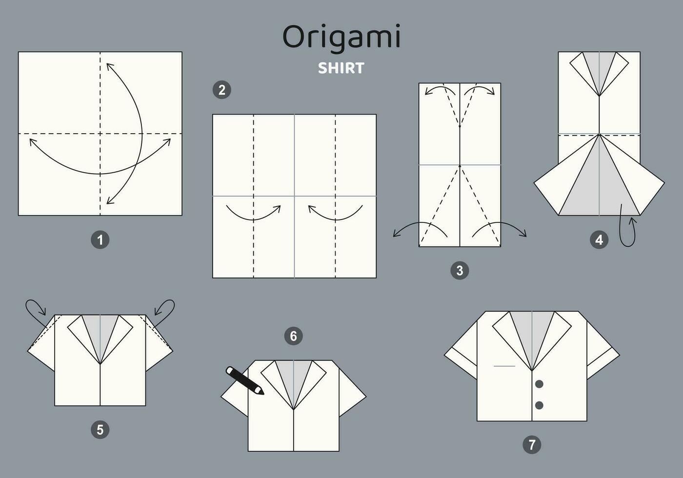 Shirt origami scheme tutorial moving model on grey backdrop. Origami for kids. Step by step how to make a cute origami cloth. Vector illustration.