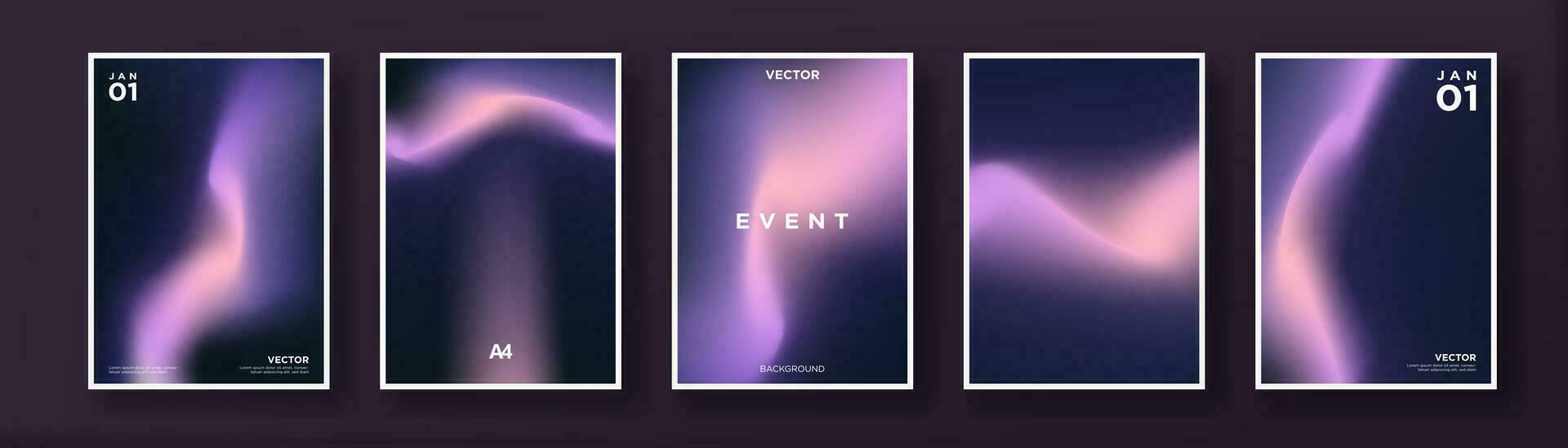 Beautiful Set of Vibrant A4 Artworks. Borealis gradient concepts in purple and blues. Minimalist decorative art. Perfect for prints, banners, landing pages, web, templates, background. Vector. vector