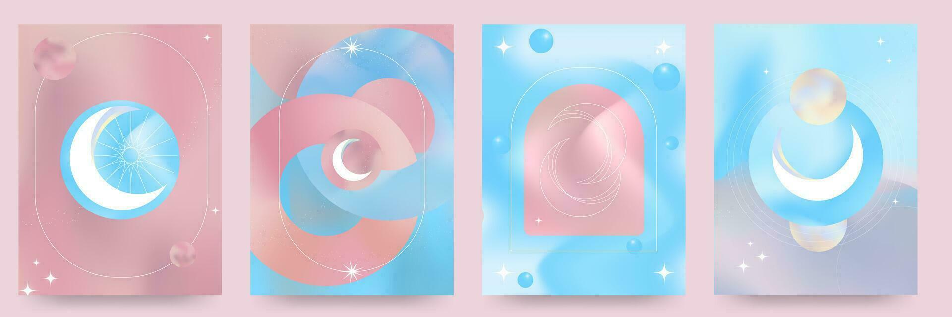 conjunto de azul y rosado pastel degradado antecedentes. lunas y geométrico líneas en líquido gradientes, fluido estilo. holográfico formas vector resumen Arte.