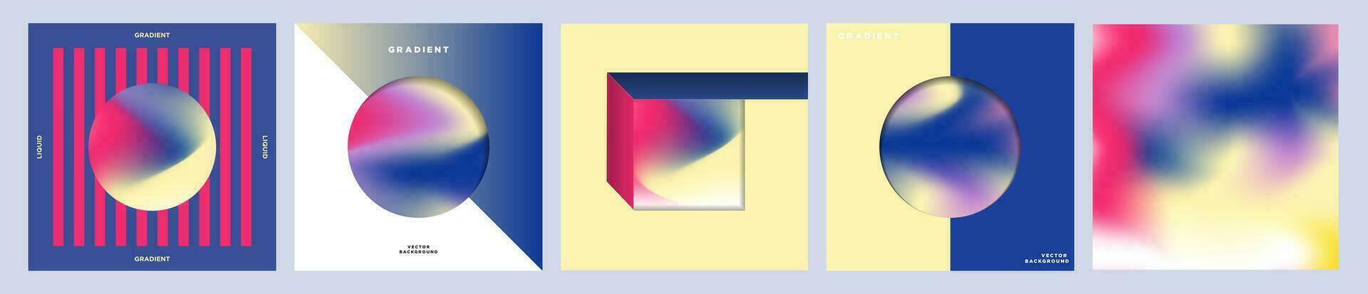 Set of Bright Blue, Red, Yellow Liquid Gradients Geometric Card Poster Artwork Covers. Colorful gradient square card layouts in geometric and minimalist design. Vector Illustration.