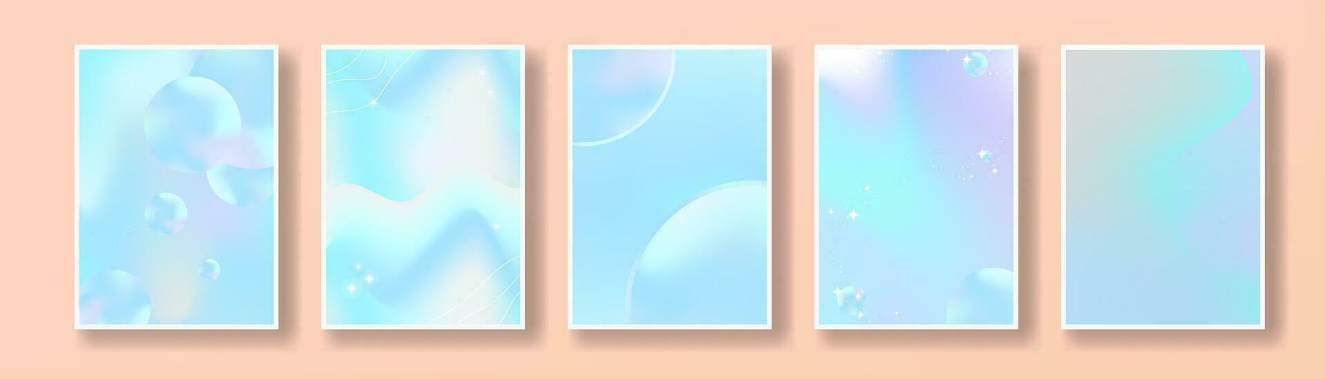 Set of Beautiful Abstract Pastel Posters in liquid gradient concept, geometric elements with twinkling stars. Modern and trendy. Blue pastel colors. Vector Illustration.