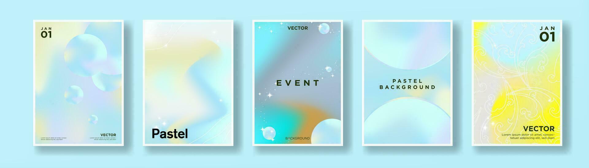 Beautiful Abstract Pastel Posters in liquid gradient concept, geometric elements with twinkling stars. Modern and trendy. Blue, pink, yellow pastel colors. Vector Illustration.