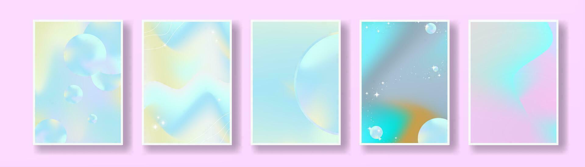 Set of Beautiful Abstract Pastel Posters in liquid gradient concept, geometric elements with twinkling stars. Modern and trendy. Blue, pink, yellow pastel colors. Vector Illustration.