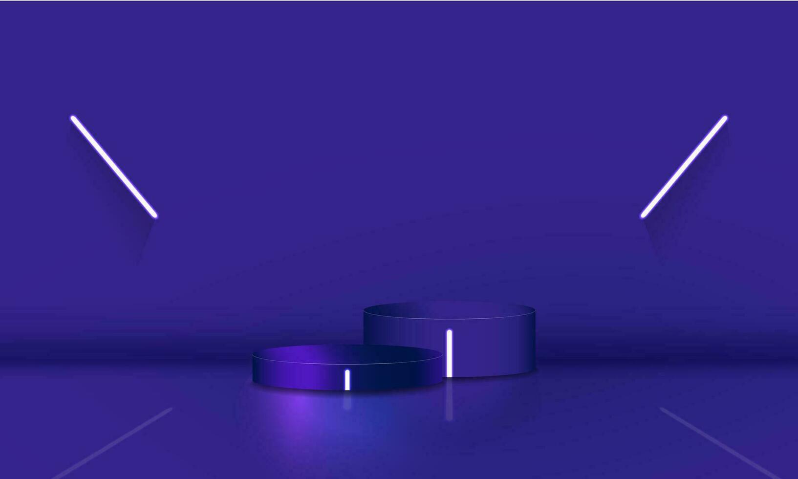 3D rendered neon podium on blue background with glow sticks and neon lines. Editable Vector Illustration with Copy Space.