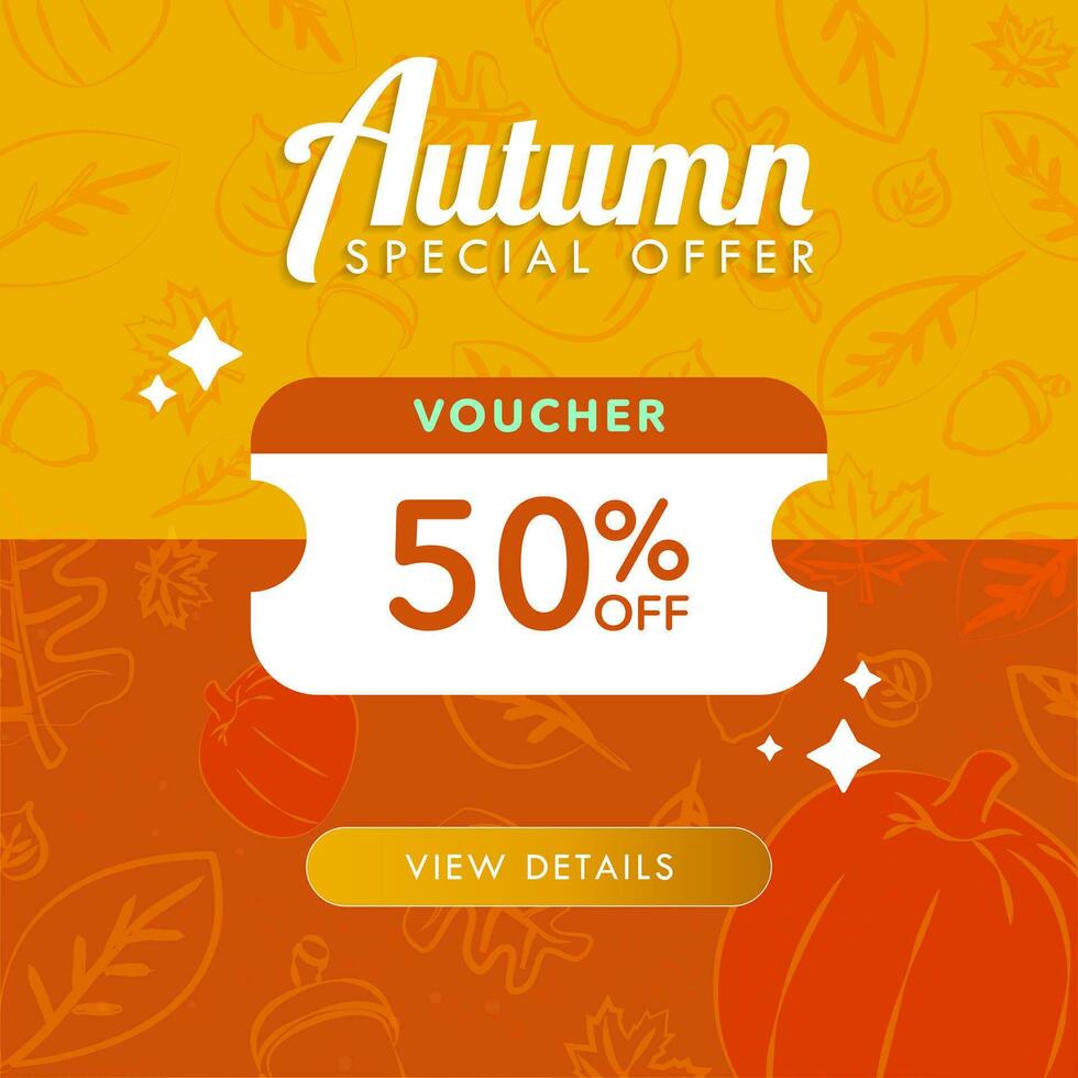 Autumn Special Sale Sign with big voucher icon and view details CTA on autumn-themed background with hand-drawn leaves, maple, acorn, pumpkin. Editable Vector Illustration. EPS 10.