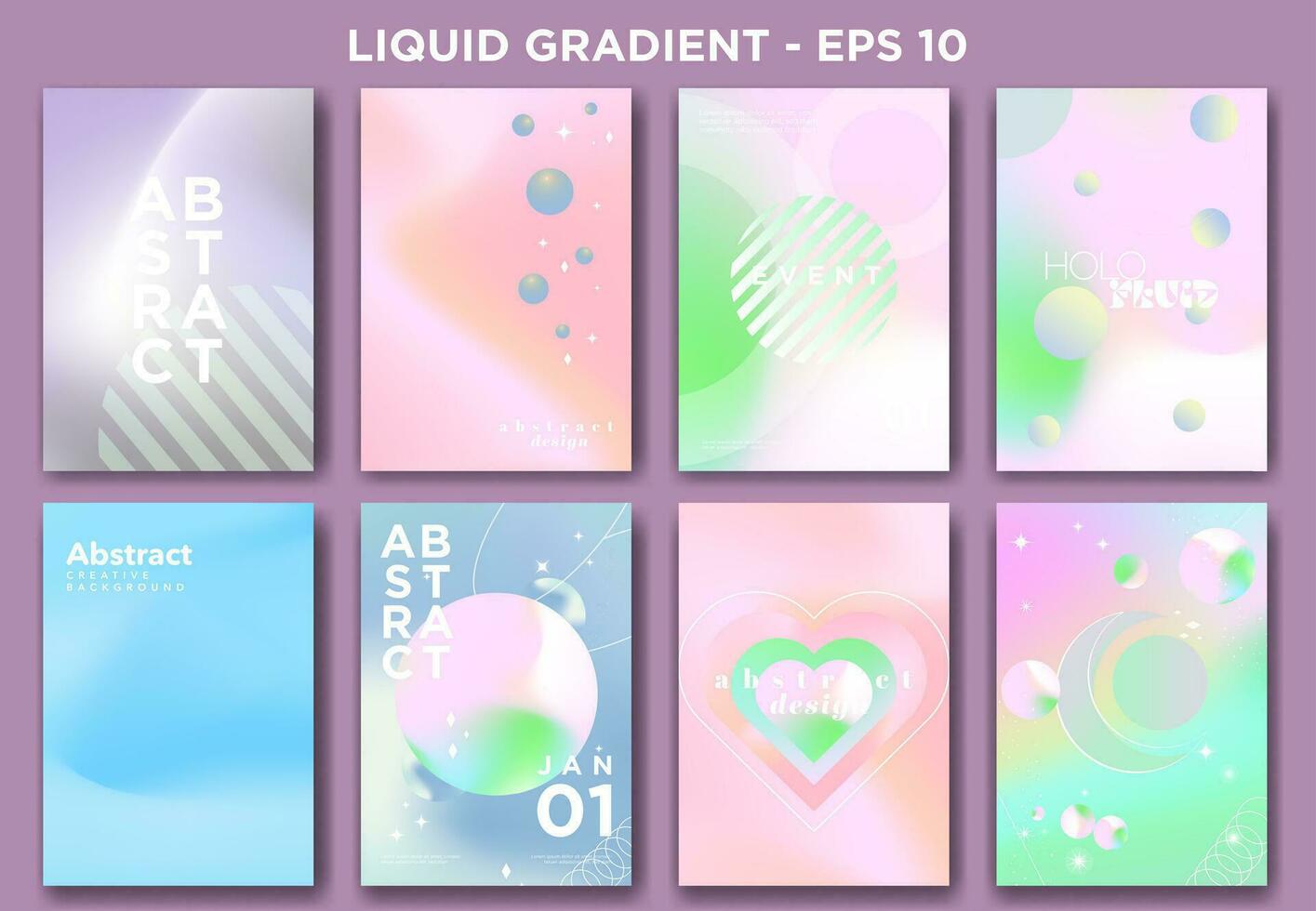 Set of Abstract Pastel Posters in liquid gradient concept. Modern and trendy holographic pastels. Elements of Geometric shapes and lines. Editable Vector Illustration. EPS 10.