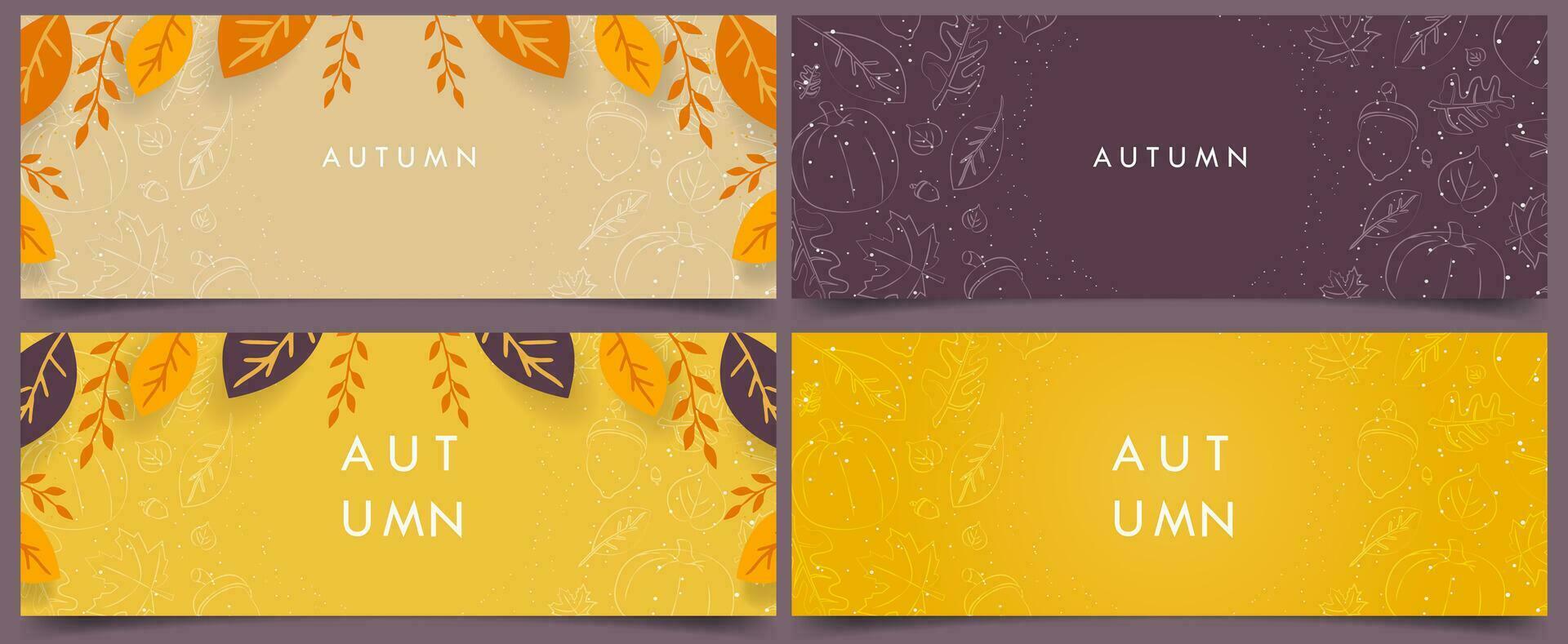 conjunto de con temática otoñal bandera y cubrir plantillas con mano dibujado otoño elementos hojas, arce, bellota, calabaza. vector ilustración. eps 10
