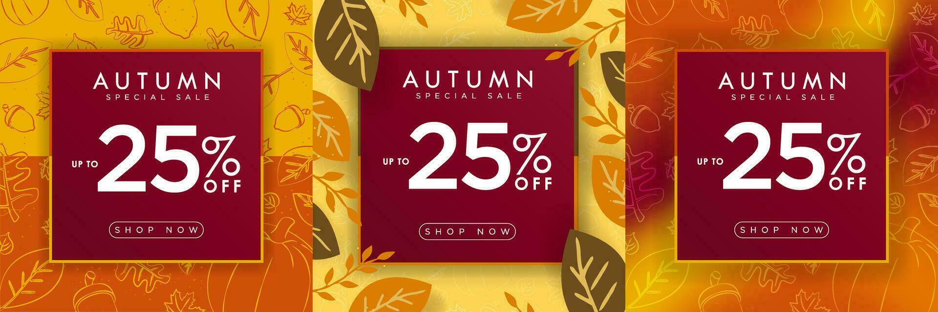 Set of Autumn Sale Sign, up to 25 off on fall-themed backgrounds. Cute hand-drawn sketch of acorns, pumpkins, leaves. Colorful frame of leaves. Liquid gradient. Editable Vector Illustration. EPS 10.