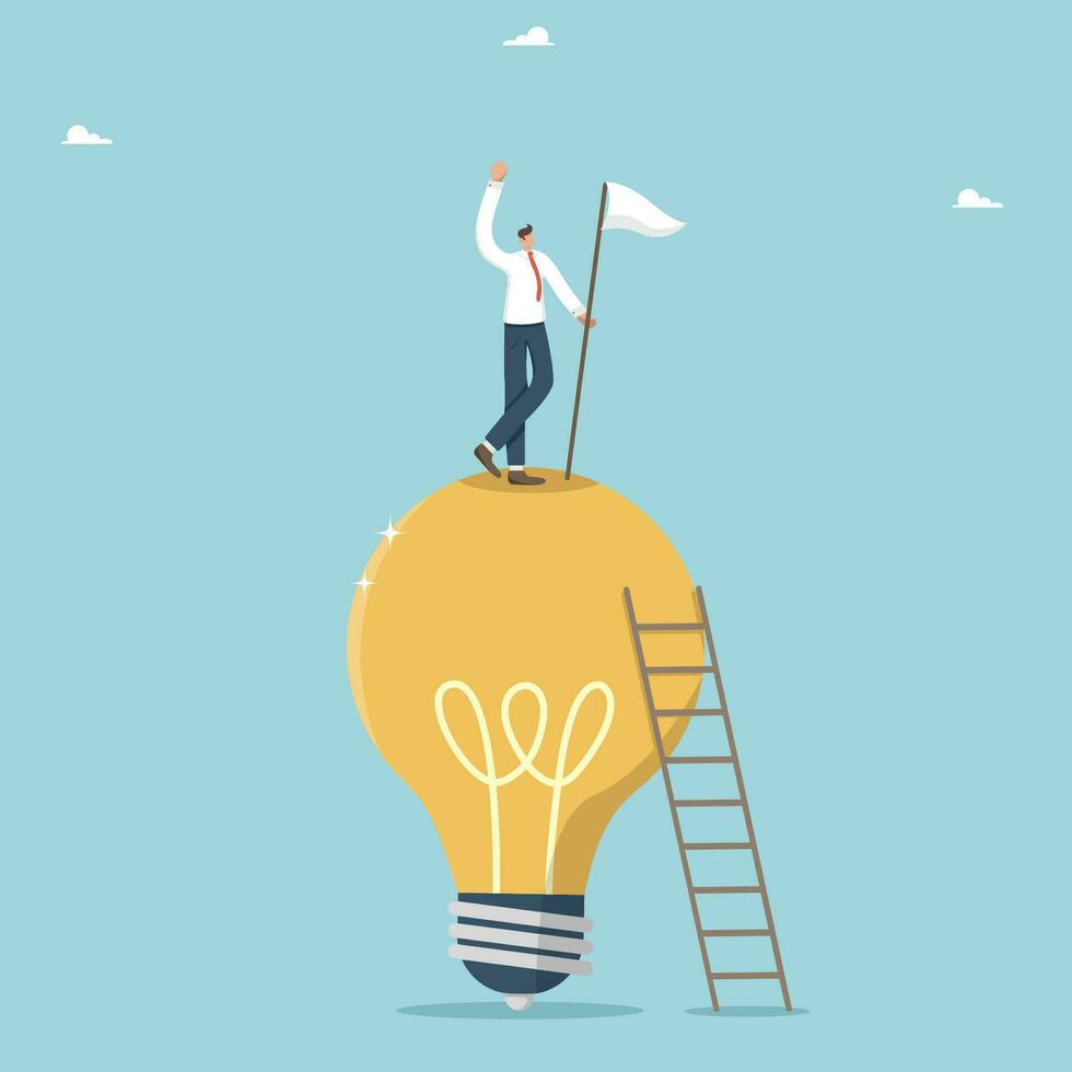 Creative thinking and brainstorming to achieve goals, new business ideas for profit, innovative ideas for great success, logic and intelligence to solve problems, man stands with a flag on light bulb. vector