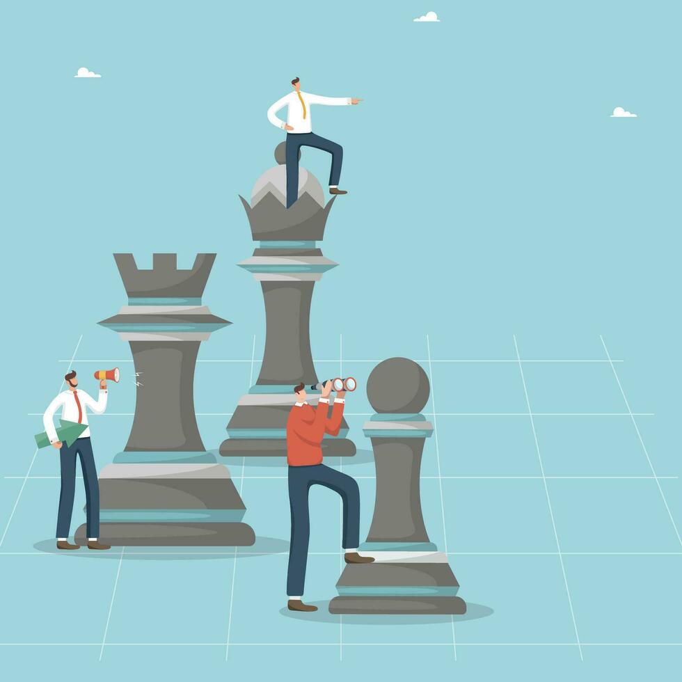 Teamwork to reach heights in work, cooperation and partnership for common goals, strategy to win in business, accomplishment of tasks according to plan, working team of people plan a chess strategy. vector