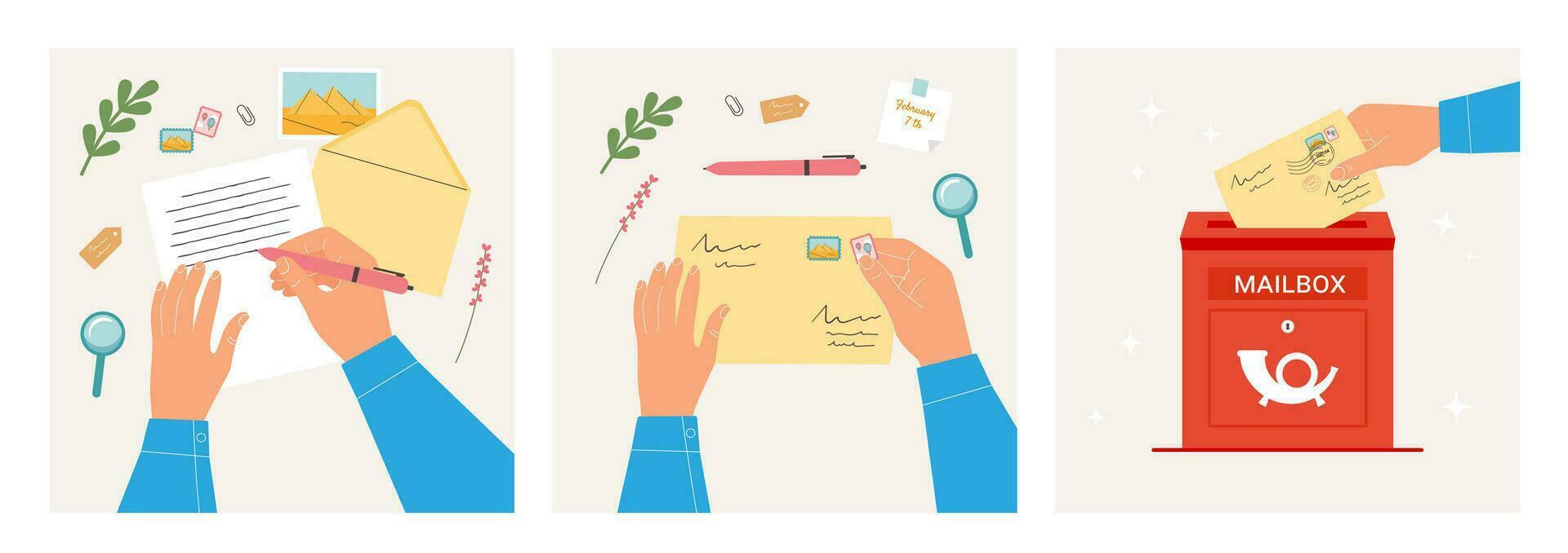 Sending letters to friend square postcard set. Hands write letter, stick  stamp on envelope and send it to the mailbox. Vector cards for social media post