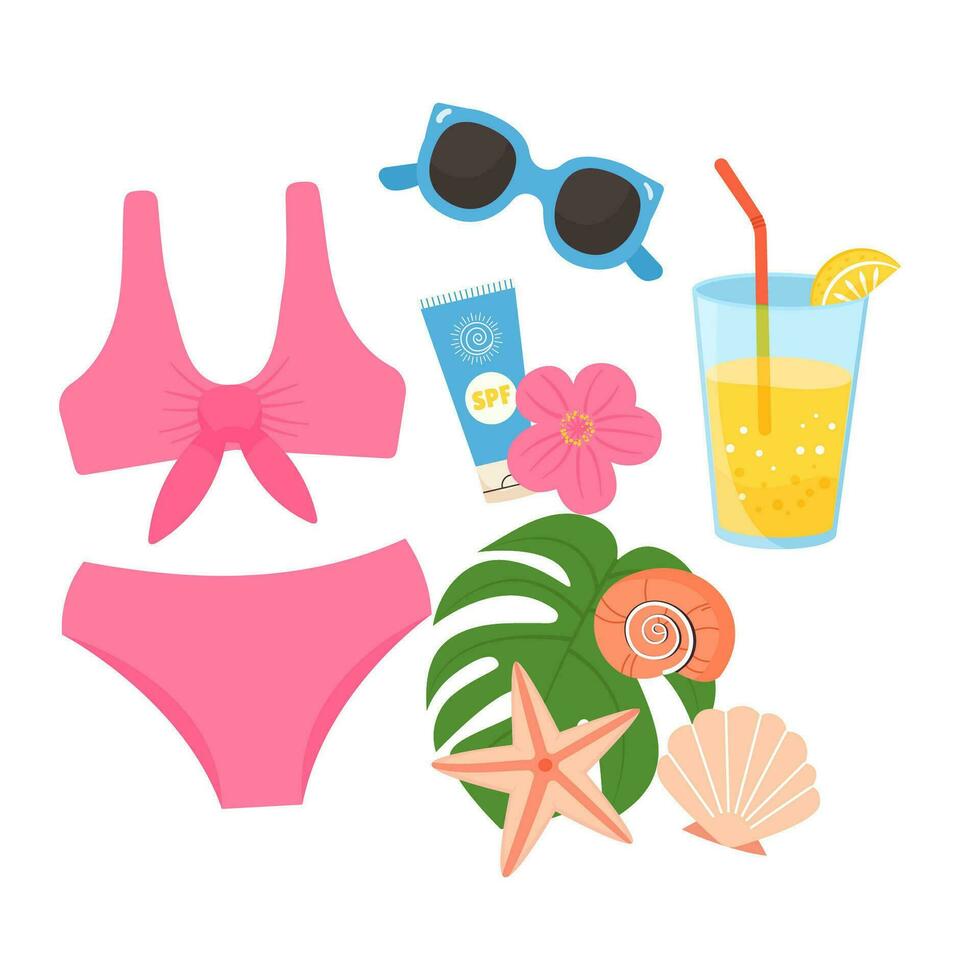 Summer composition with swimsuit, tropical leaves and seashell. Beach vacation female accessories. Flat colorful vector illustration