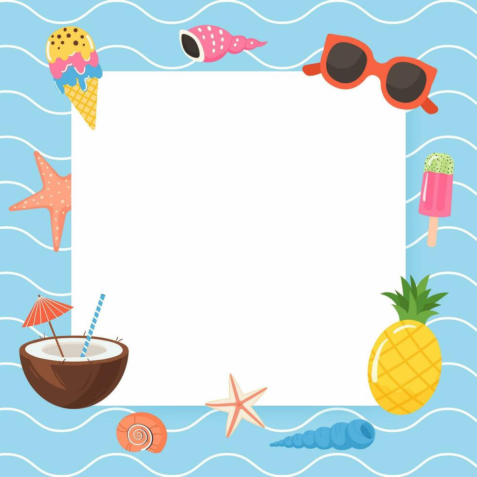 Sea square banner with blank place for text decorated summer items vector