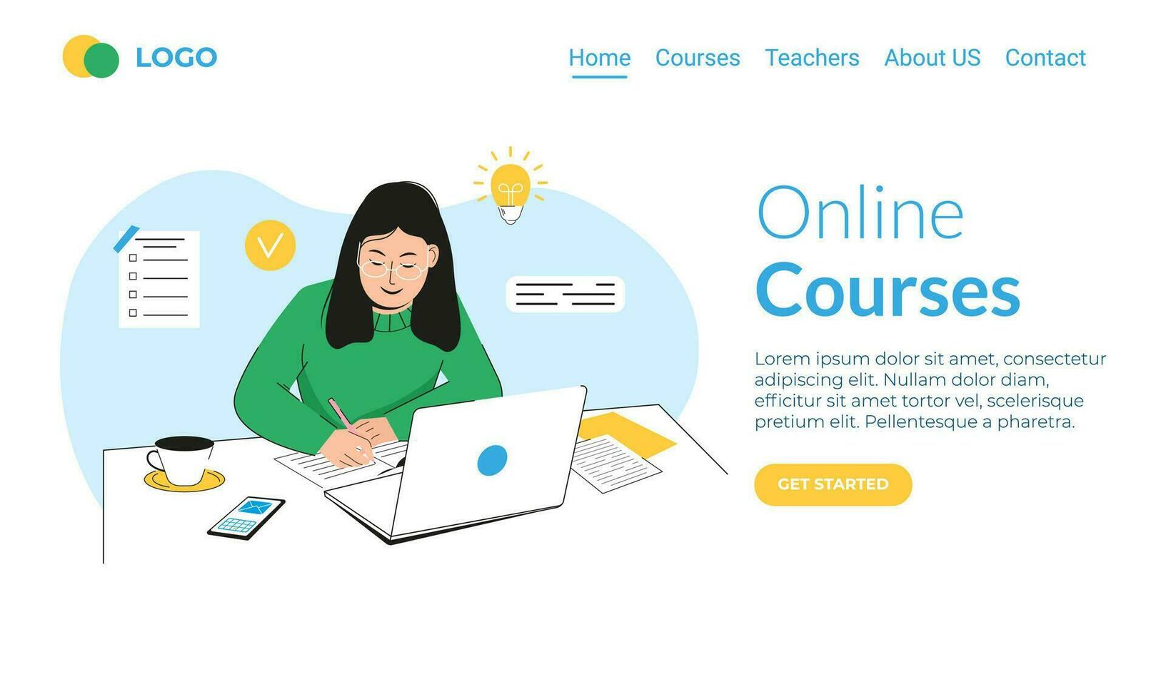 Landing page template online education concept. Young woman, with laptop sitting at table and recording lecture. Online courses. Student studying on computer minimalist style. Flat vector illustration