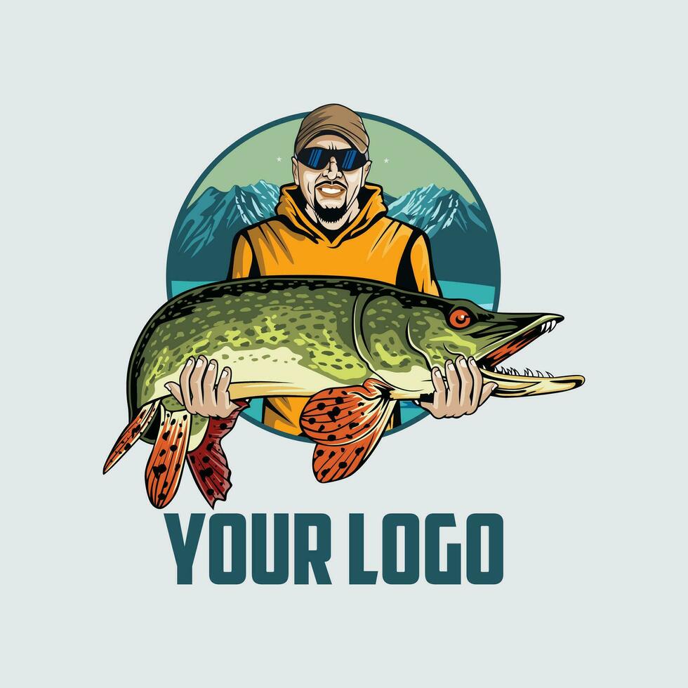 vector logo pike fishing with fisherman