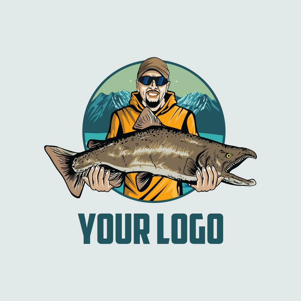 vector logo brown salmon fish with fisherman