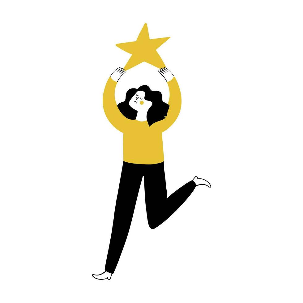 Unhappy woman holding one gold star giving negative feedback and bad review, not supporting product or service vector illustration