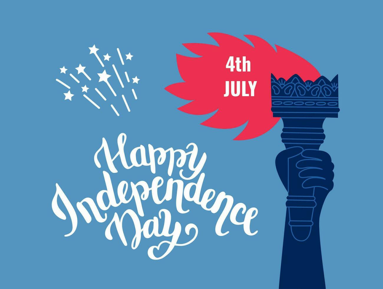 Happy Independence Day, gorgeous postcard written with elegant calligraphic font or script and decorated with burning torch in his hand. vector