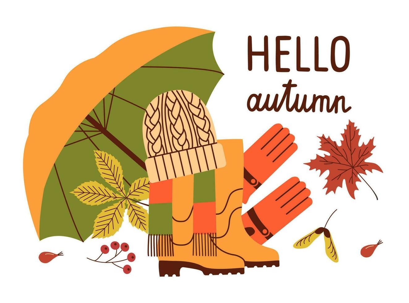 otoño ropa. casual viste, al aire libre trajes, lluvioso temporada accesorios, zapatos, paraguas y guantes y naranja hojas, vector dibujos animados plano colocar.